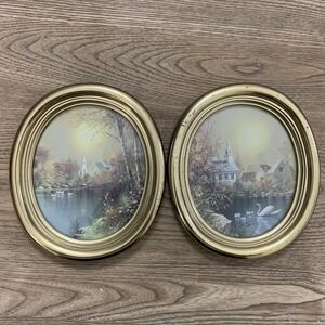 VTG Homco Oval Gold Frame Wall Decor Set 2 Church Swan Duck Cottage Art